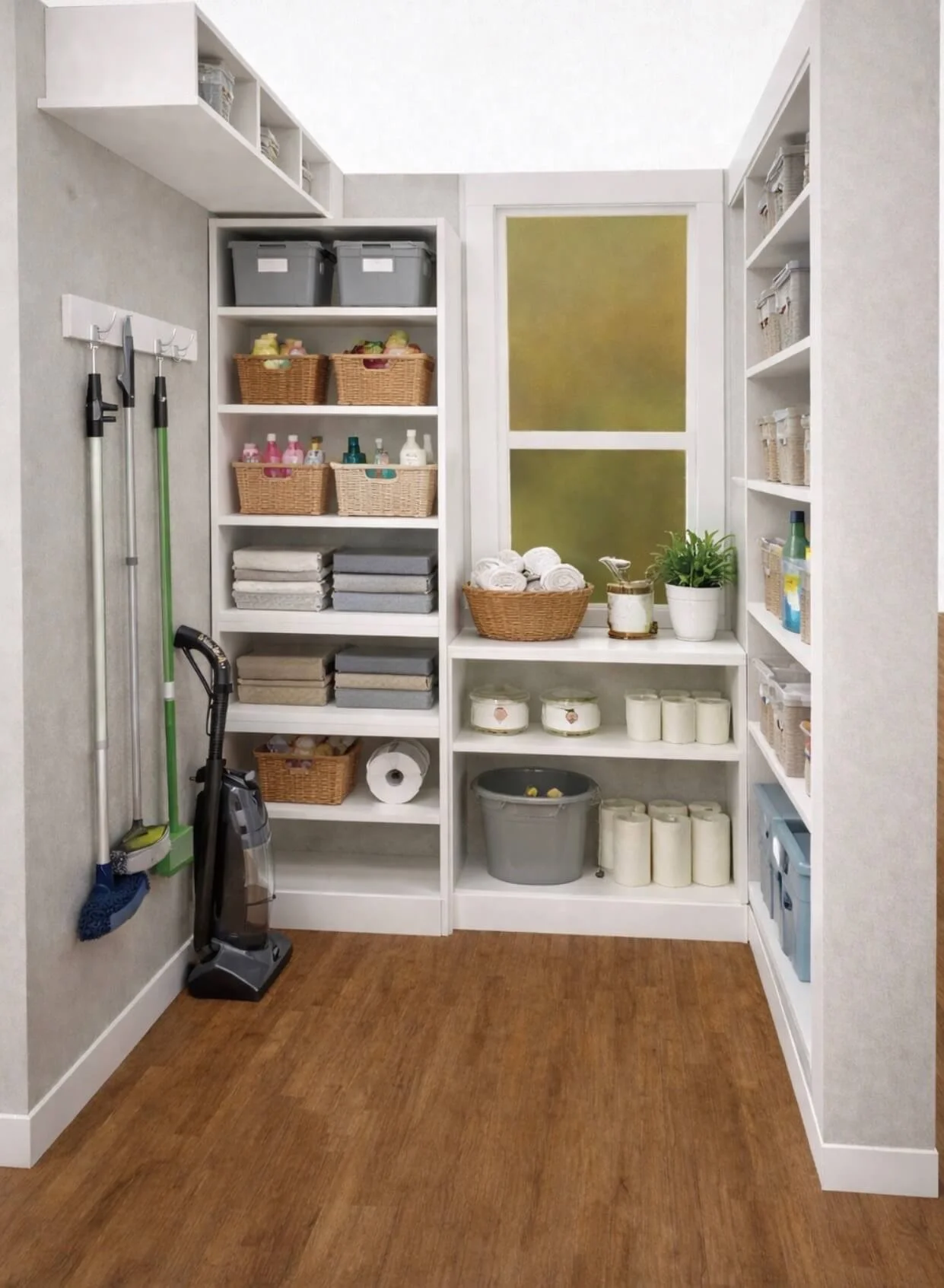 Organized laundry room with shelves holding baskets, towels, cleaning supplies, and storage containers. Cleaning tools hang on the wall, and a vacuum and mop are on the floor.