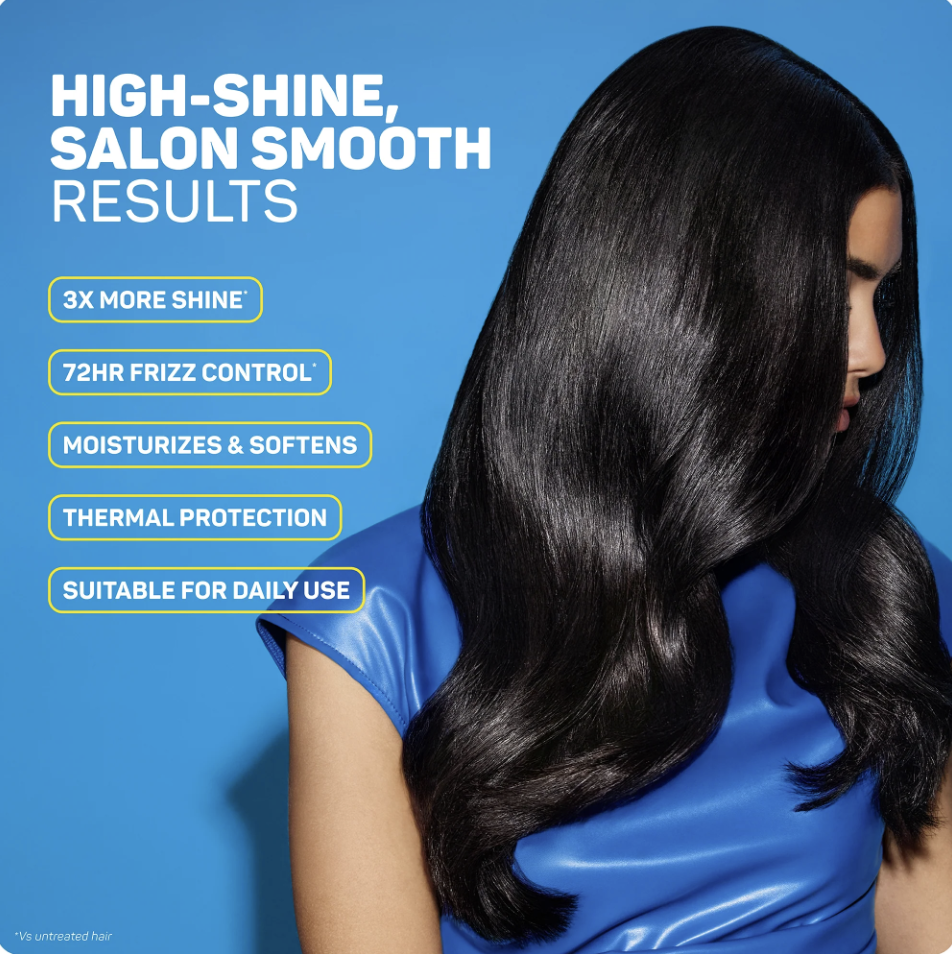 A woman with shiny, smooth, black hair looking to the side against a blue background with text highlighting benefits of a hair care product, including more shine, frizz control, moisturizing, thermal protection, and suitability for daily use.