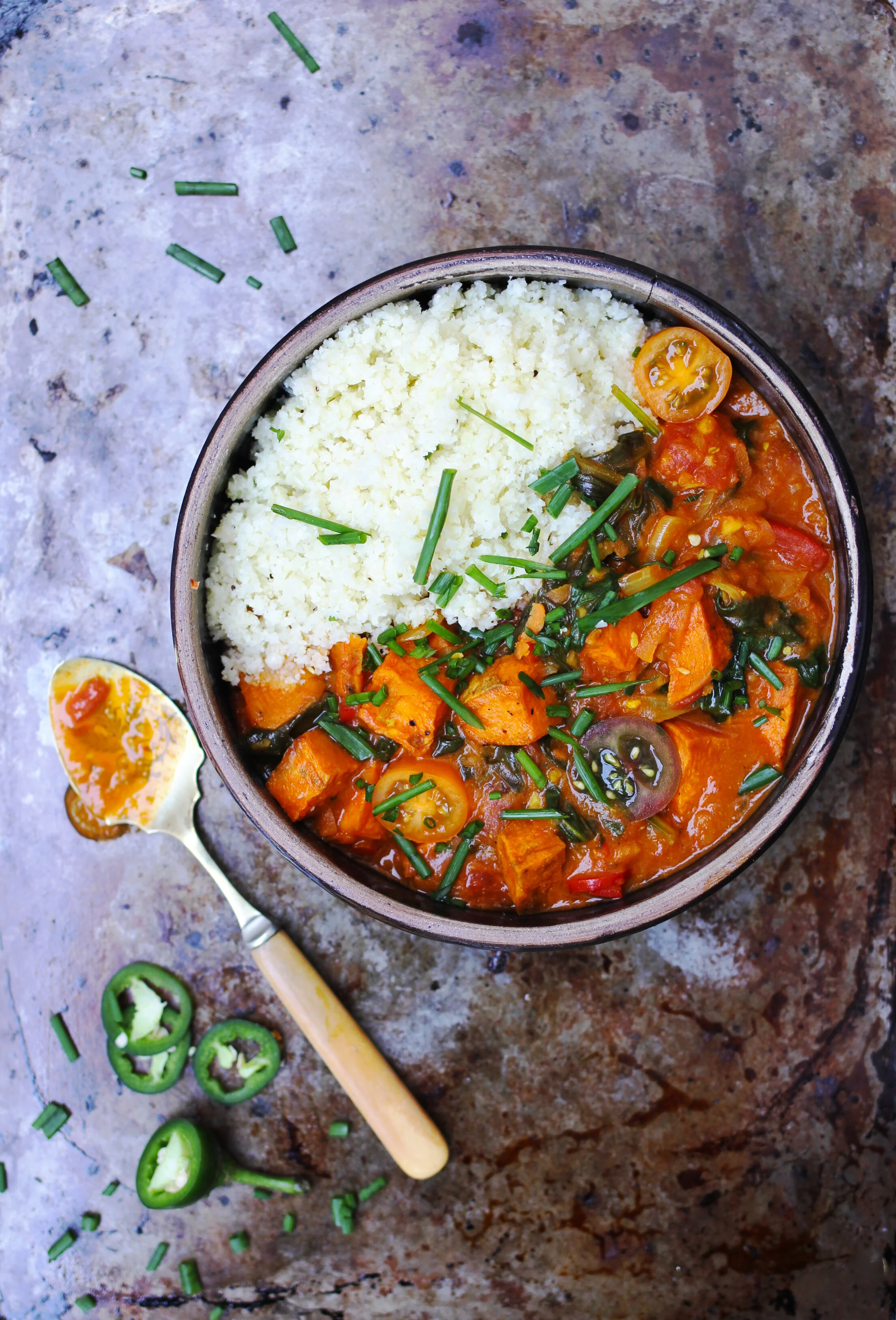 Roasted Sweet Potato Curry with Cauliflower Rice
