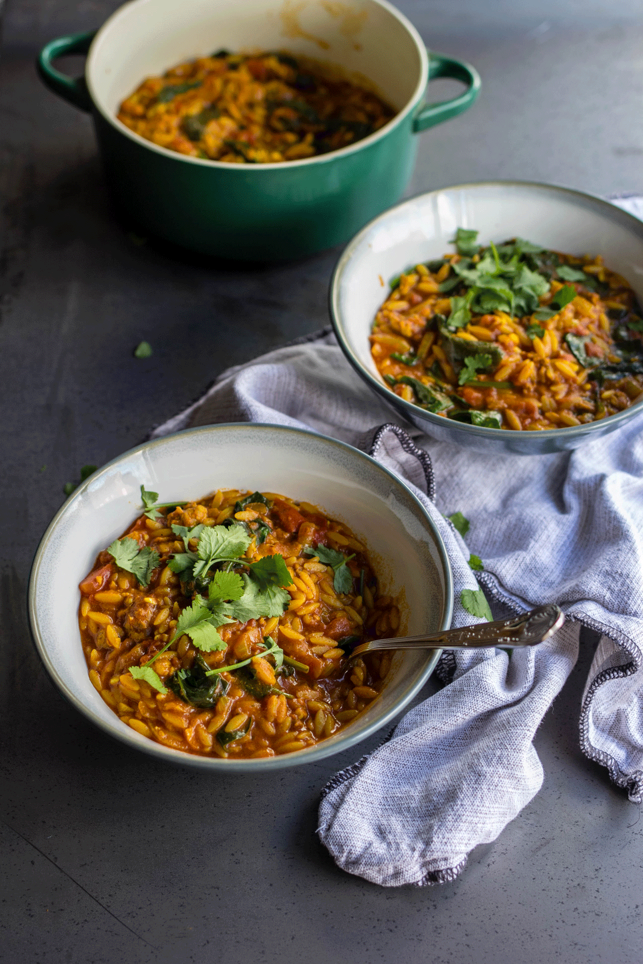 Curried Sausages with Orzo