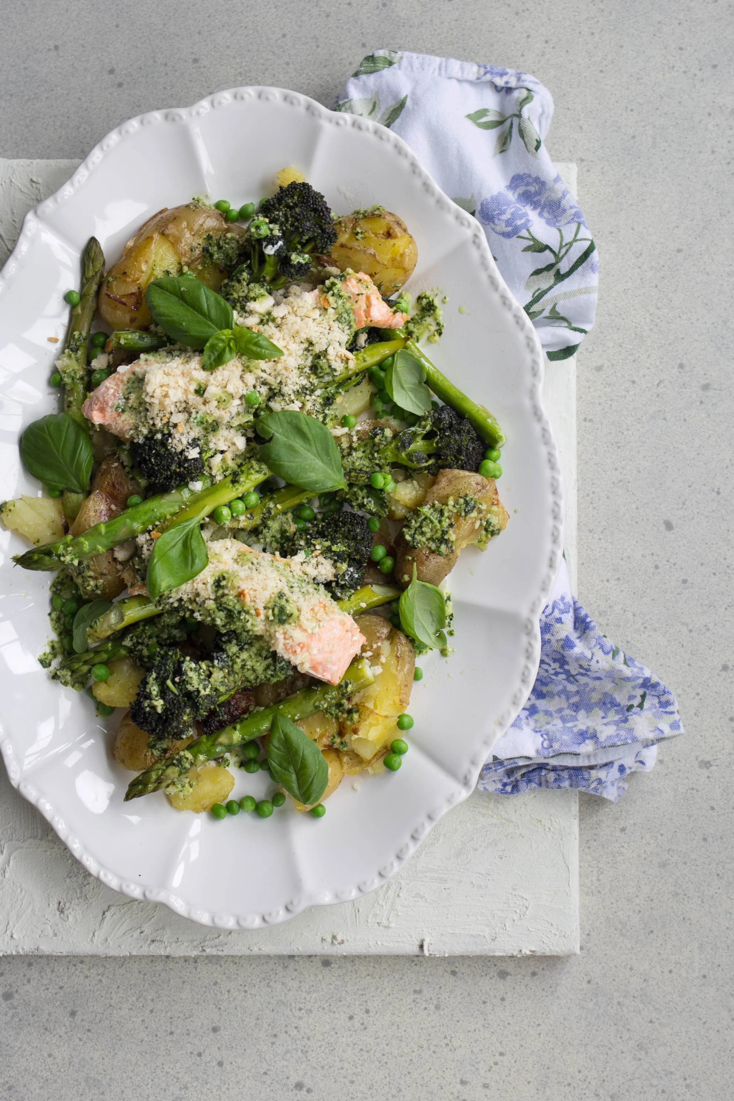 Steamed Salmon & Spring Veg Parcels with Smashed Potatoes and Pesto