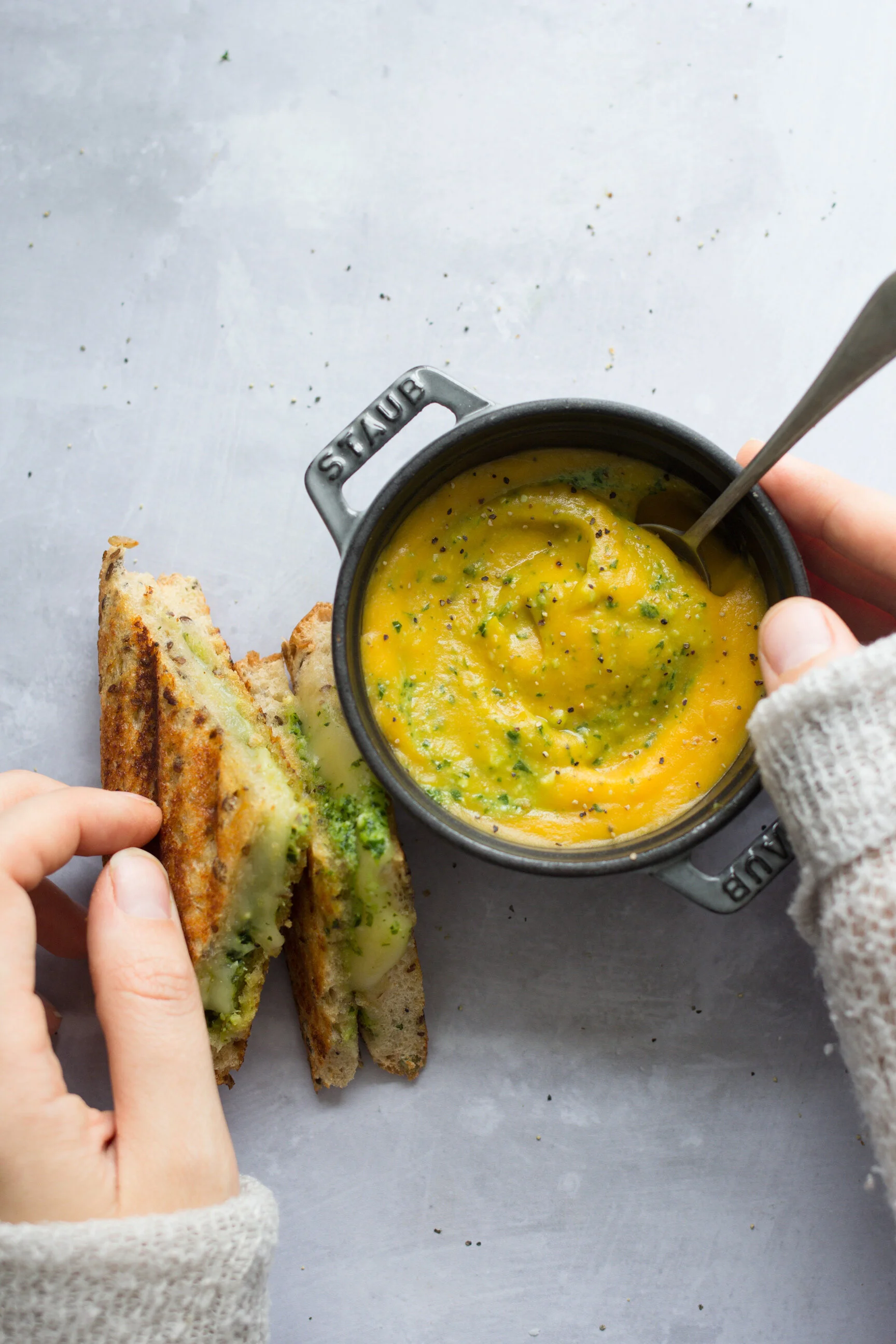 Instant Pot Squash and Red Lentil Soup with Pesto Grilled Cheese