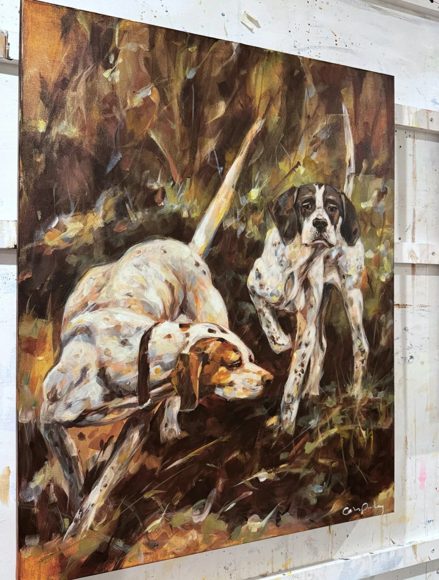 Orange and chartreuse greens on dark brown pop as much as these pointers.  The goal was to create in two dimension the energy and intensity of these working dogs doing what they love! 

24x30 on canvas.  DM for info 💫
