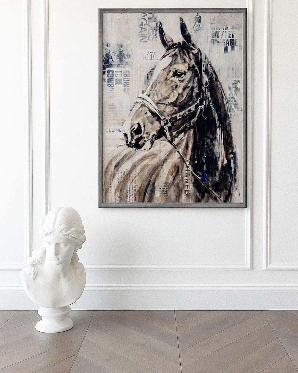 "Rides Again is an equestrian painting with American historical imagery and western colloquialism.  When you look at this piece I want the viewer to feel a connection not only with the horse but of America and the West.  Jackie Kennedy and her s