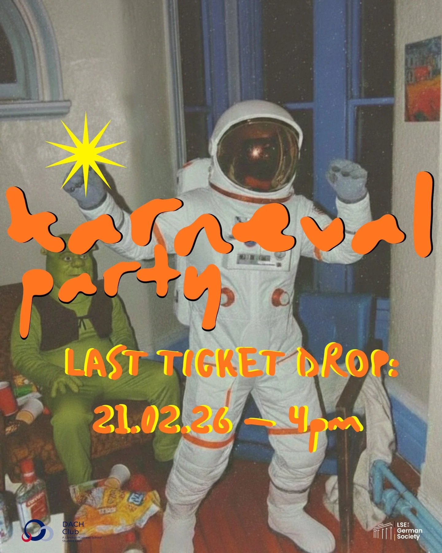 LAST TICKET DROP 

Get a ticket which includes: 
🍺 One FREE Pint
🥨 FREE Food
📆 08.03

Another batch of tickets for the LSE German Society Karneval organized together with @dach_lbs drops at 4pm on Saturday the 21st of February. 

Link to tickets i