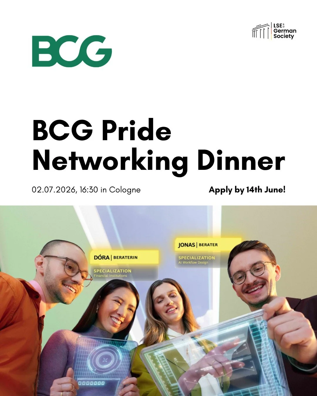 BCG Pride Networking Dinner 🌈

Join BCG for an exclusive Pride Networking Dinner where you'll get a firsthand look at how diversity is truly lived and embedded in BCG's culture. Connect with consultants from the internal Pride@BCG network in a relax
