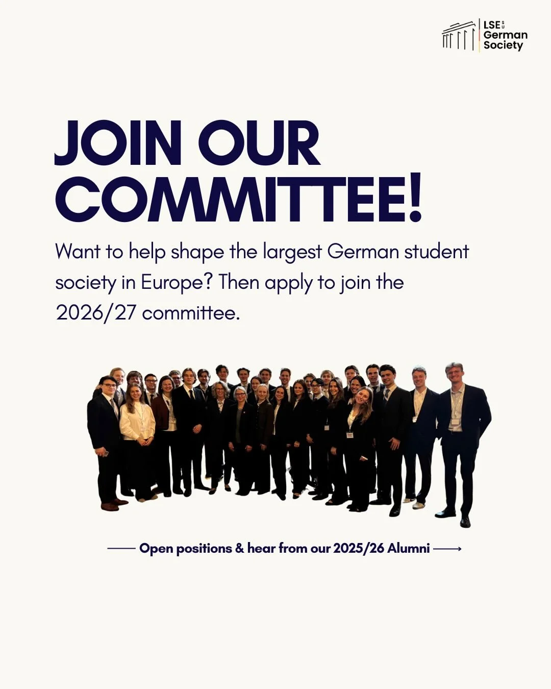 Want to help shape Europe&rsquo;s largest German student society? Apply to join our 2026/27 committee - from Speaker Events and the Symposium to Socials, Sponsorship, Comms &amp; more.

Swipe through to meet our teams and hear from last year&rsquo;s 