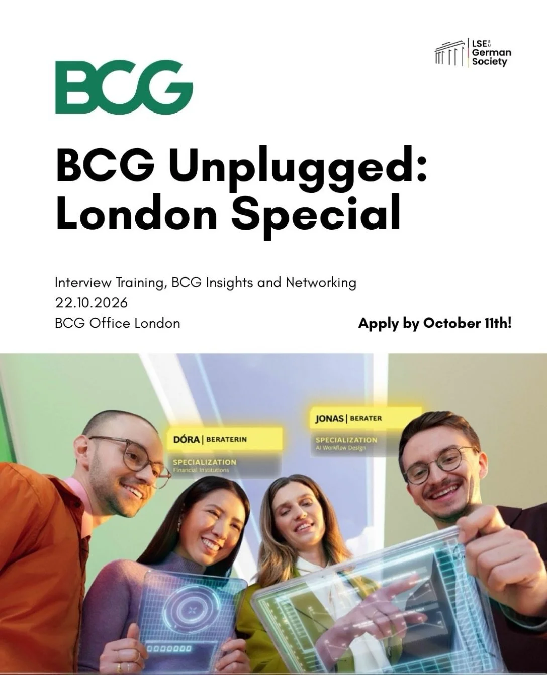 BCG Unplugged: London Special 🎯

Join BCG for an exclusive interview training and followed by a networking dinner where you&rsquo;ll sharpen how you present yourself with confidence and get a firsthand look at what it&rsquo;s really like to work at 