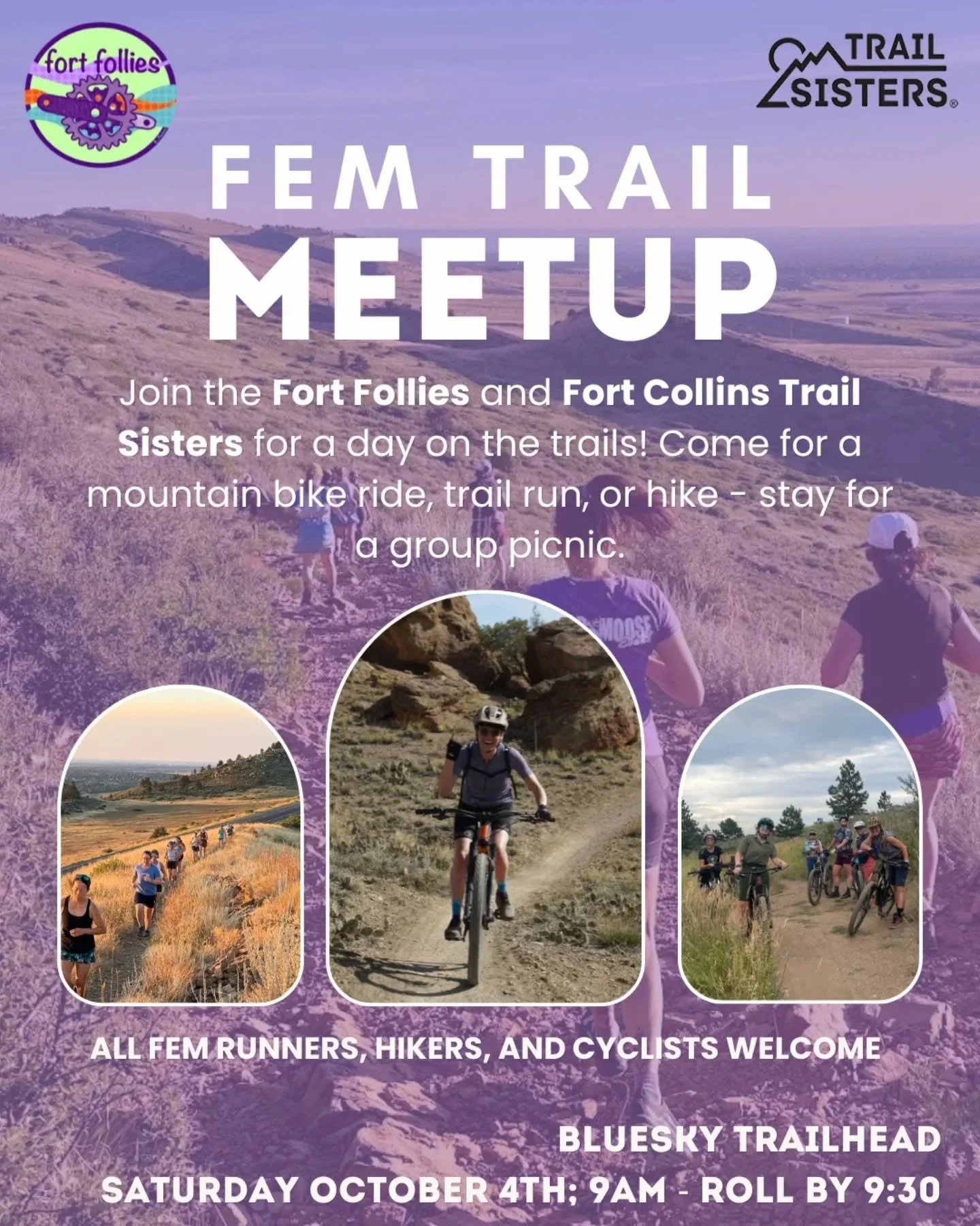 Are you a trail runner looking for MTB friends? Or a MTBer with a tired bike who wants some rad ladies to run with? Come check out the Fort Follies cycling club and Trail Sisters run club!
Come mountain bike, trail run, or hike with the Fort Follies
