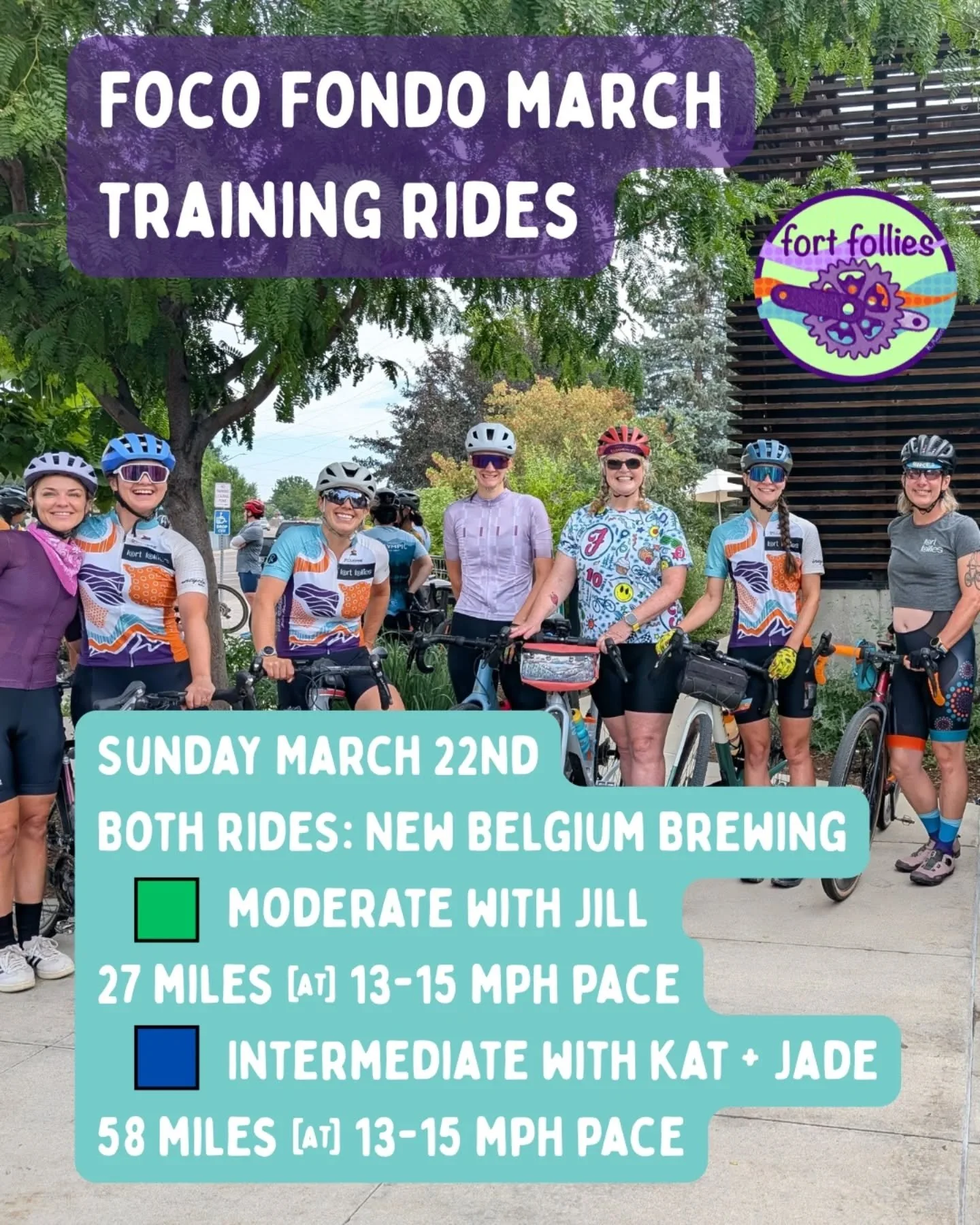 Join us for the first in person FoCo Fondo training ride! We will have a femme group riding each course. 
Meet at New Belgium and be ready to roll at 10 am!

Kat and Jade will be leading a 13-15 mph group on the long route (58 miles). Jill will be le