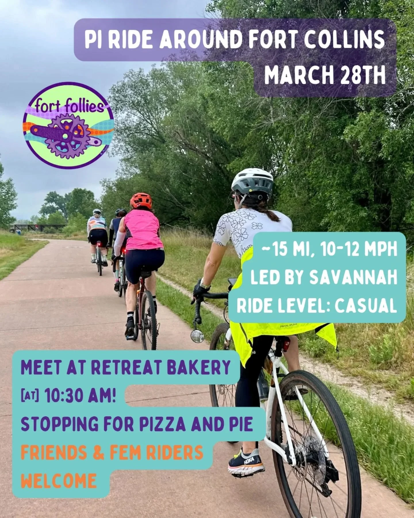 🥧🍕 Let's celebrate (belated) pie day with a casual 15 mile ride!

We will start at Retreat Bakery Bar @retreatbakerybar for a little treat (pie, pastry, brownie, etc.). From there, we will ride to Slyce Pizza @slycepizza for some (pizza) pie. After