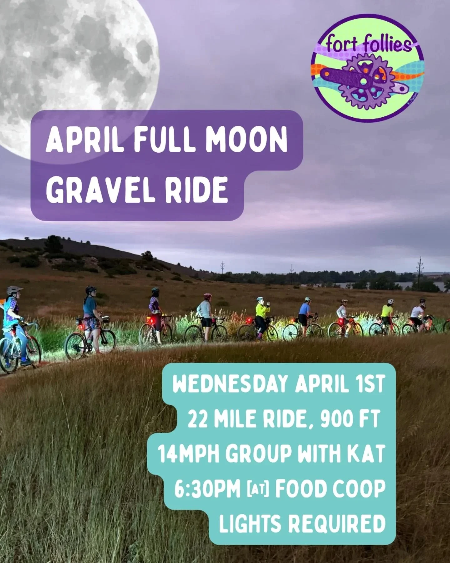 Wednesday April 1st, 6:30 pm Fresh Foods/Now the Fort Collins Food Coop!
Meet at the Fresh Foods parking lot.
We will be riding&nbsp;22 miles&nbsp;that includes gravel. The ride will be no drop, at a 12-14 mph pace.
Front and rear lights are required