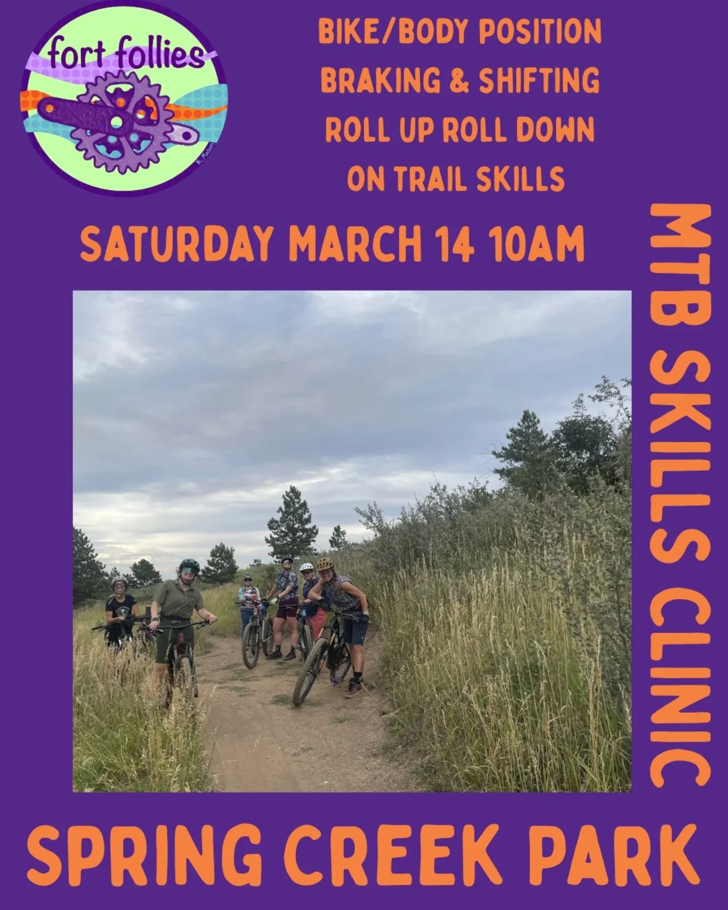 Free MTB Beginner Skills Clinic
When: Saturday March 14 10a-12p (or so)
Where: Spring Creek Park pavilion by the dog park, Spring Creek bike skills area, Pine Ridge trails.
Who: Femme folks interested in getting some good basic skills for riding trai