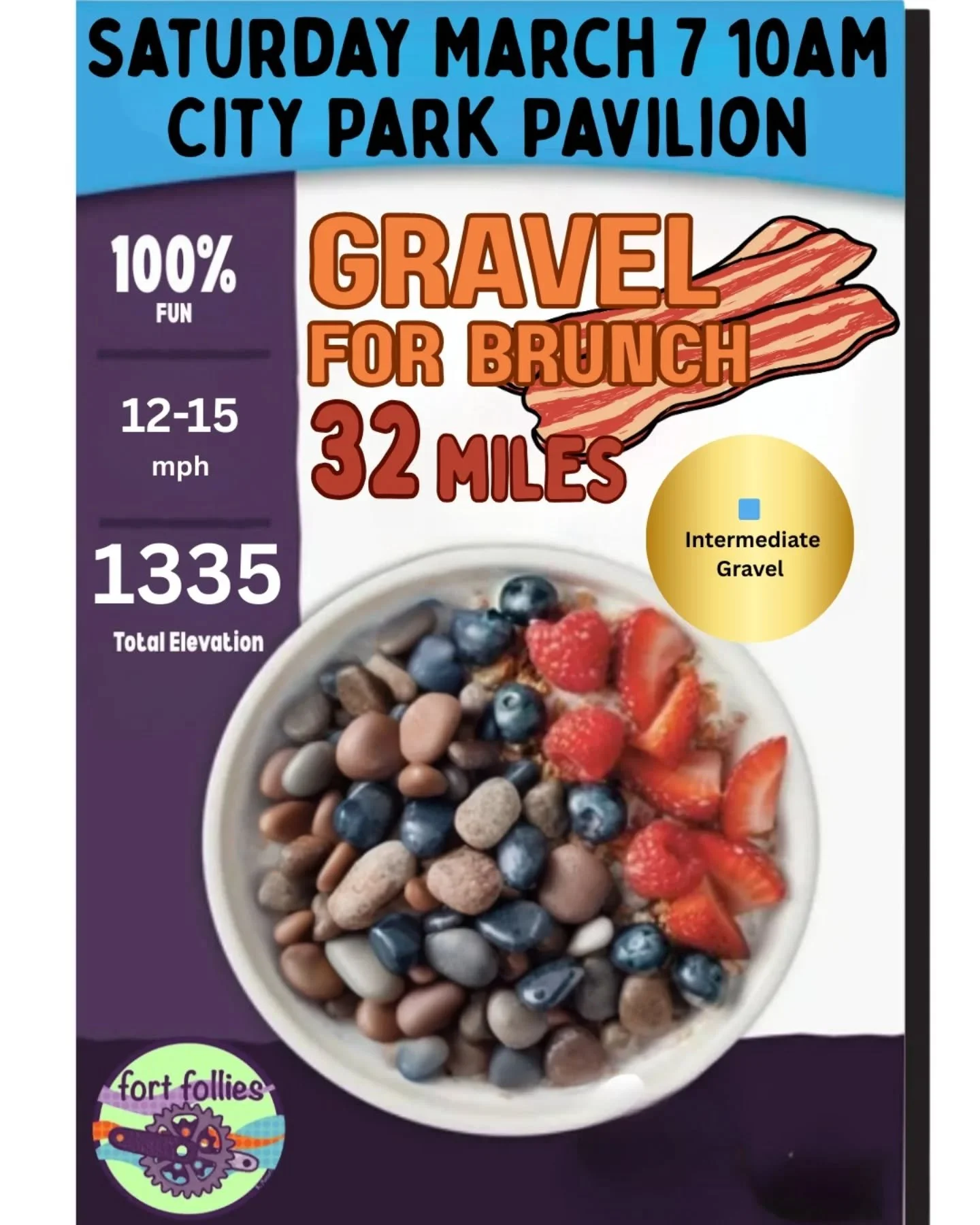 Gravel for Brunch: We'll ride out to the "bacon strip" on the east side of I25 together and do a lap, regrouping for the ride home. Led by Kat @goodwitchkat
March 7 @ 10am
Meet at the City Park Pavilion by the tennis courts
Ride level: Inte