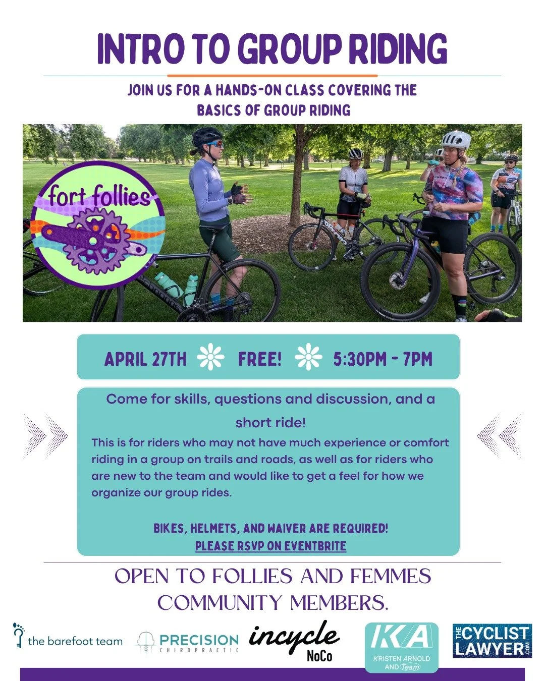 Intro to Group Riding

Monday, April 27 | 5:30 pm
Meet at the Oval

Plan on 5:30 - 7:00 pm for skills, questions and discussion, and a short ride. This is for riders who may not have much experience or comfort riding in a group on trails and roads, a