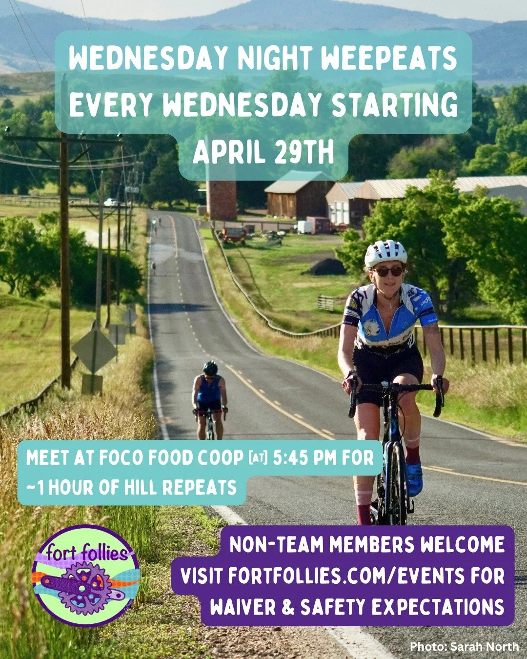 Come out for the official Wednesday Night Weepeats!

We will meet at Fort Collins Food Coop (formerly Fresh Foods) at Mountain and Shields to go ride some repeats on the iconic Bingham Hill! This is a totally paved ride but any bike is welcome!

We w