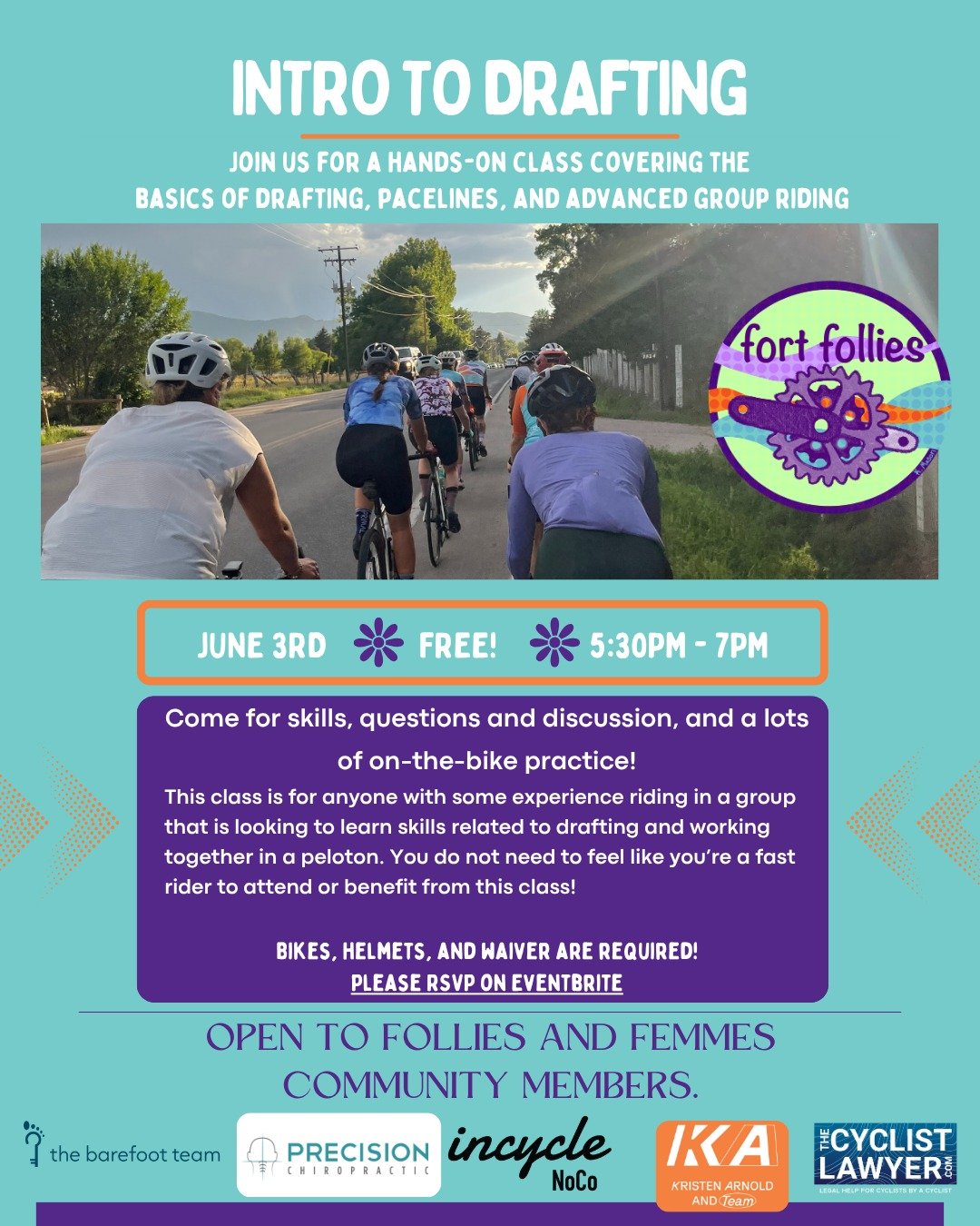 Come learn and practice advanced group riding skills!

Come to the second part of the Fort Follies group riding skills series: drafting! We'll be covering more advanced group riding skills that involve riding in the close proximity to other riders an