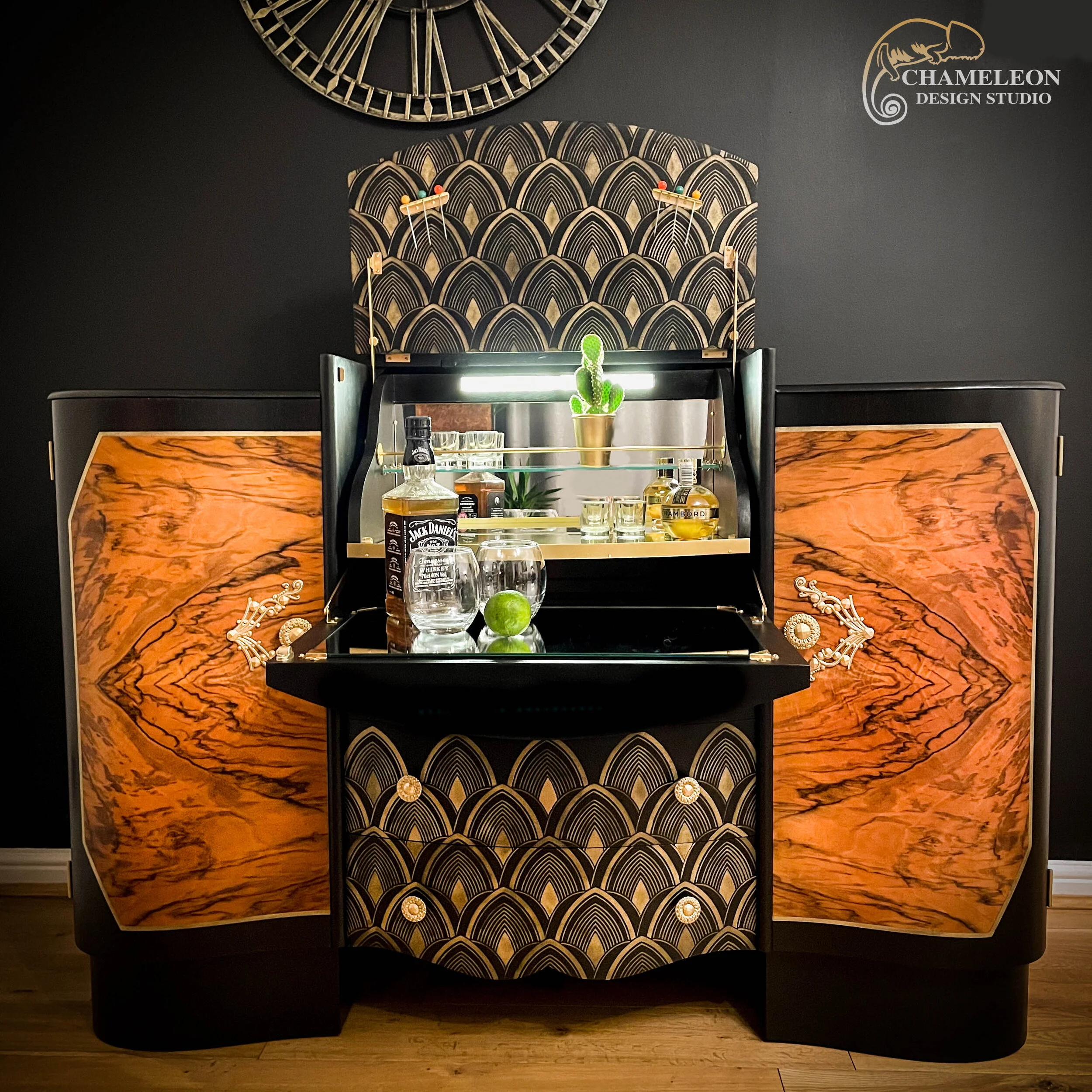 Art Deco drinks cabinet with gold stencilled front