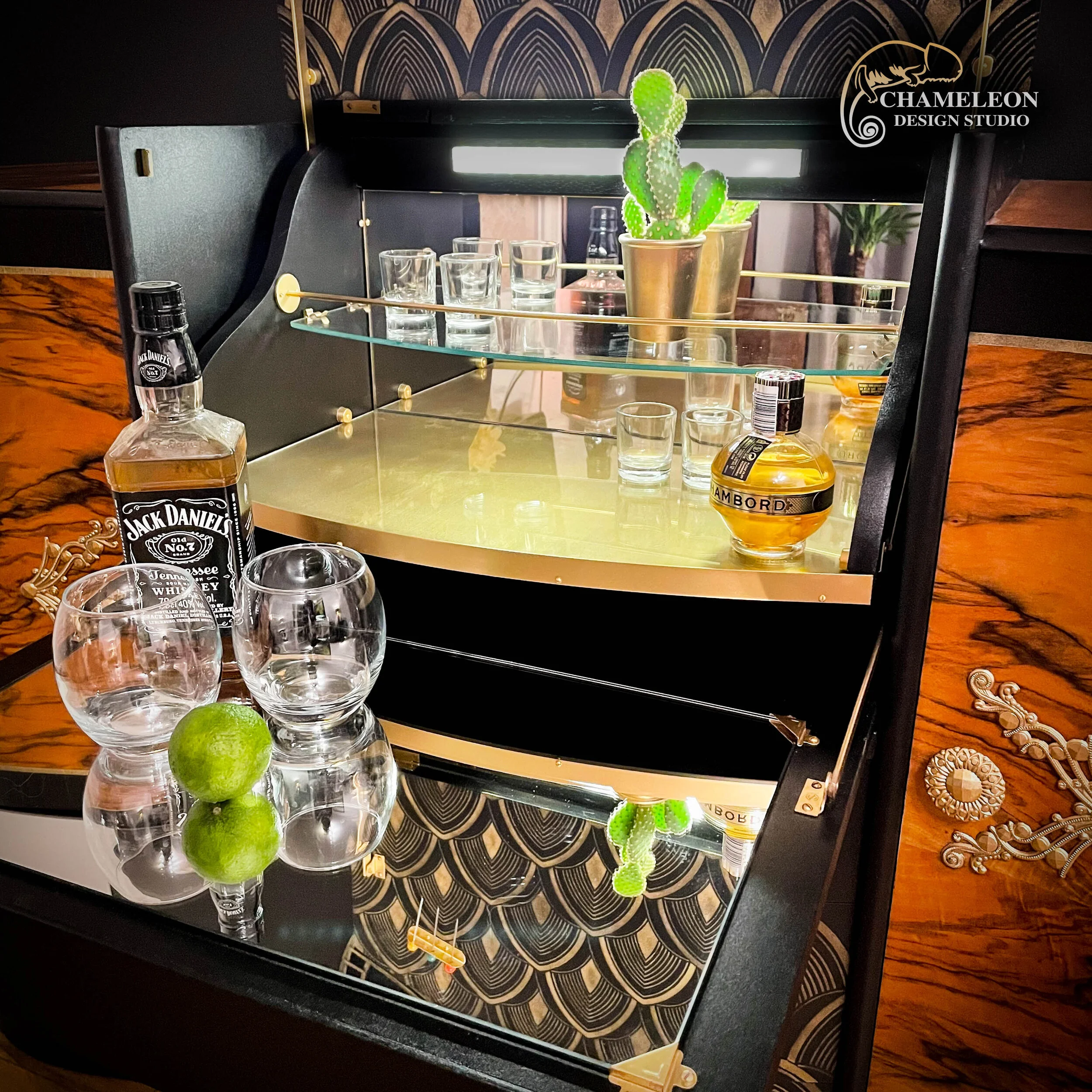 Inside bar of Art Deco drinks cabinet