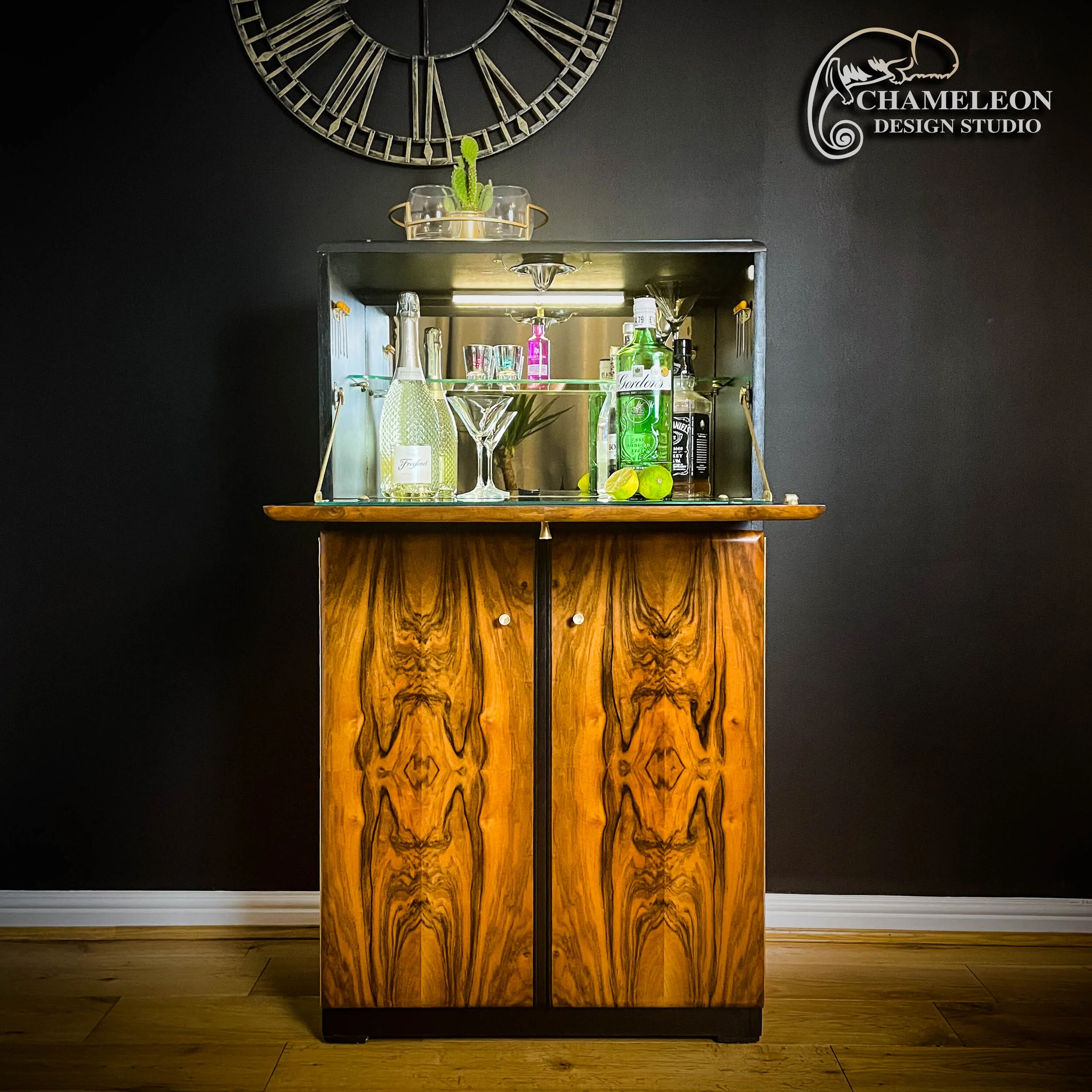 drinks cabinet with mirrored preparation area and led light