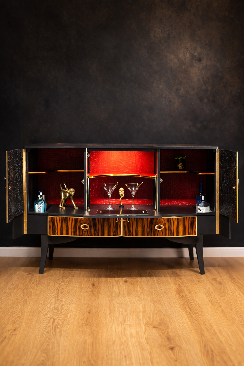 retro cocktail cabinet with bold red interior and dark exterior