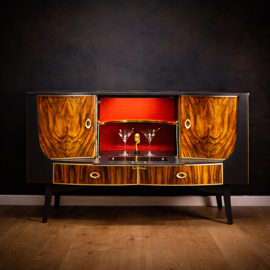 mid century drinks cabinet with vibrant red interior
