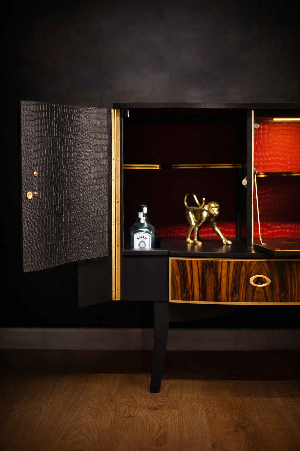 cocktail cabinet with crocodile skin decoupage interior