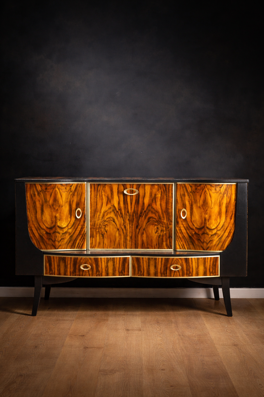 vintage cocktail cabinet with rich, dramatic wood grain