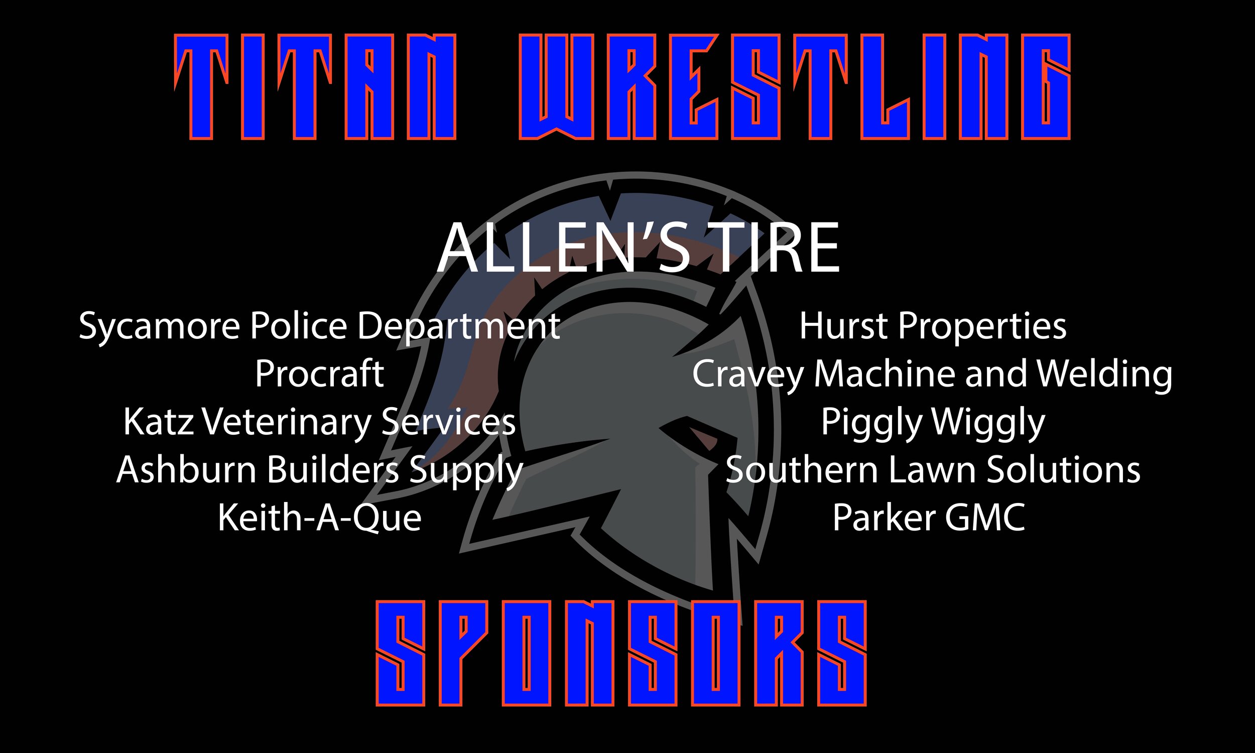 Event poster with the title "Trail Wrestling SPOOKS" in large blue and red letters, featuring a central graphic of a Spartan helmet, and listing various sponsors including Allen's Tire, Sycamore Police Department, Hurst Properties, Procraft, Cravey Machine and Welding, Katz Veterinary Services, Piggly Wiggly, Ashburn Builders Supply, Southern Lawn Solutions, Keith-A-Que, and Parker GMC.