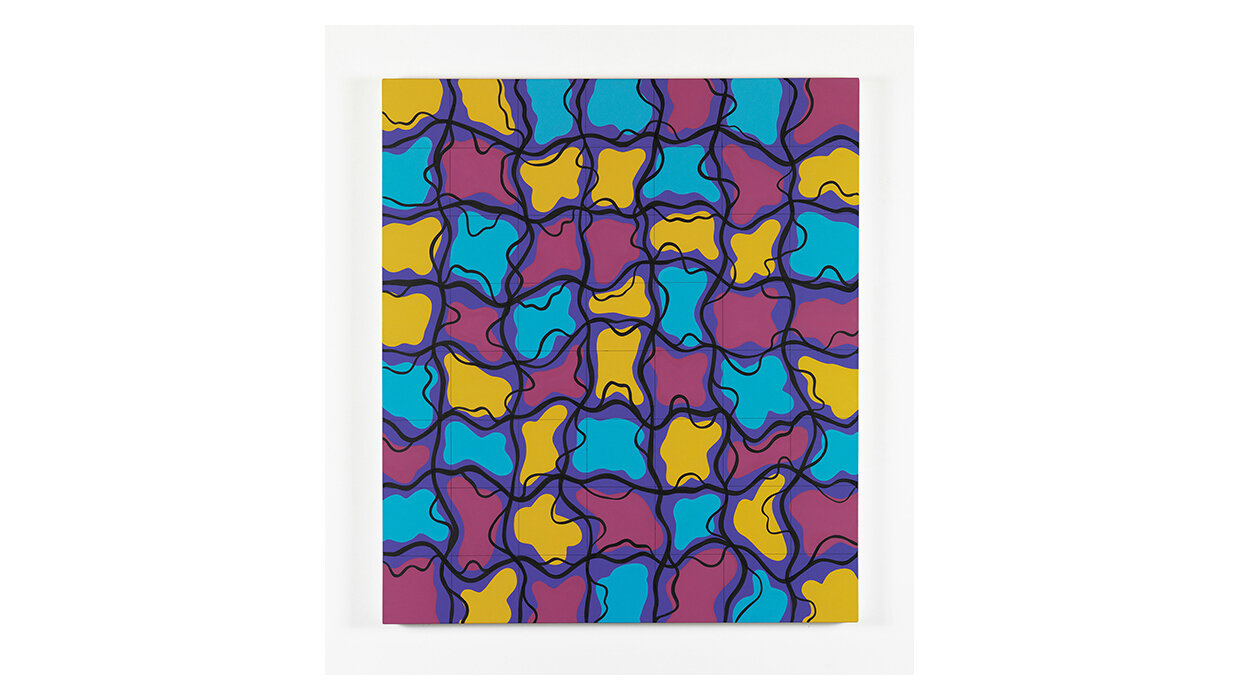 Light Red, Yellow and Blue Shapes on Purple with Fluid Grid