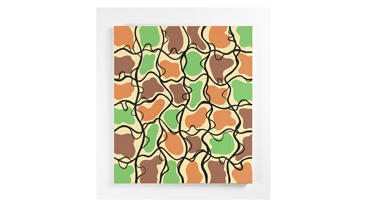 Orange, Green, Brown Shapes with Fluid Grid