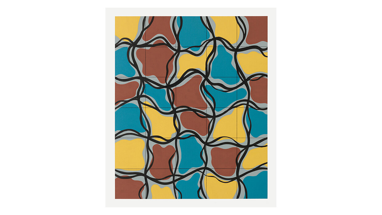 Not Titled (Fluid Grid with Rust, Blue and Yellow on Blue-Gray)