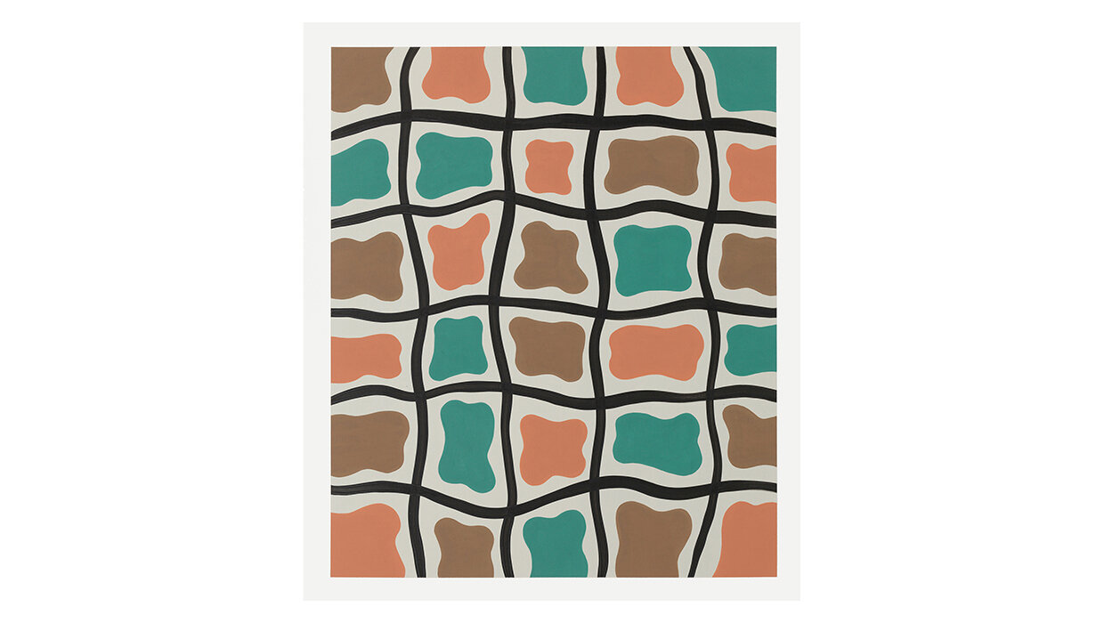 Not Titled (Orange, Brown and Green Shapes on Warm Gray with India Ink Grid)