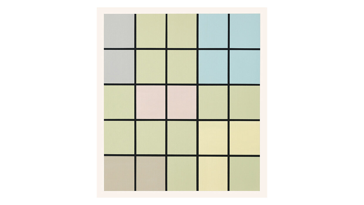 Not Titled (Grid with Soft Colors with Four Blue Rectangles in Corner)