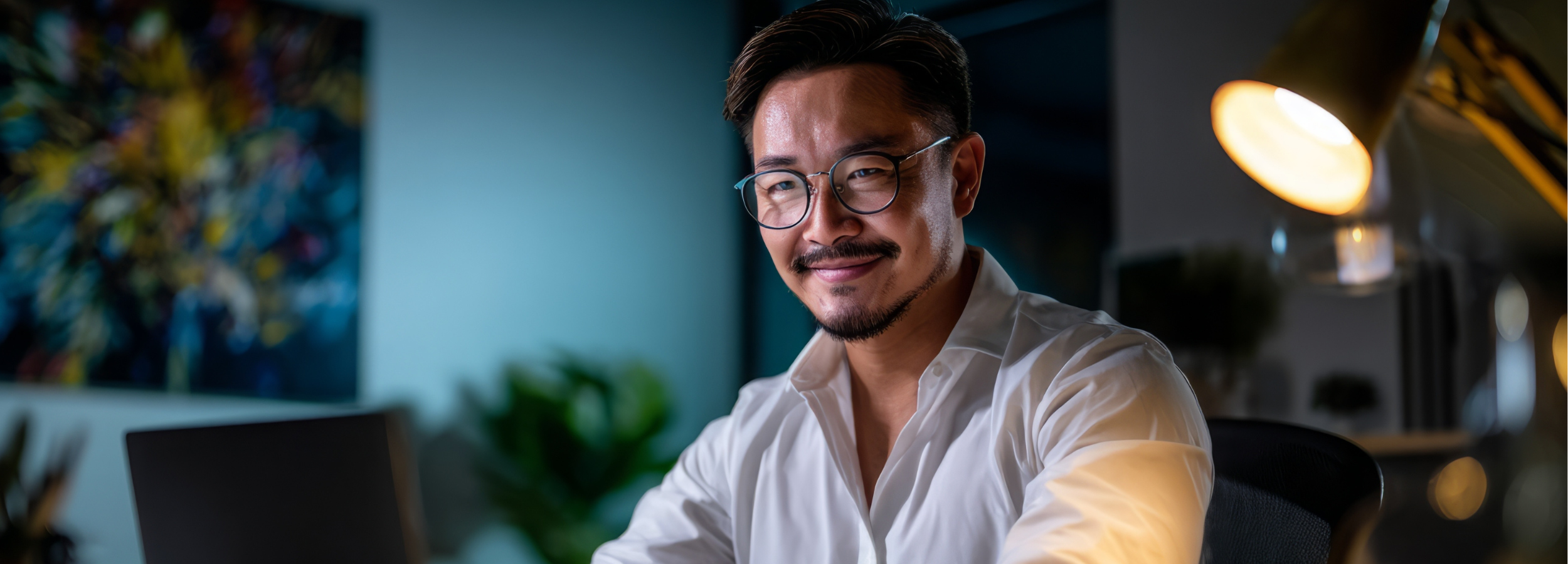 A man with glasses, facial hair, and a white shirt sitting in a modern office with warm lighting and abstract art on the wall.