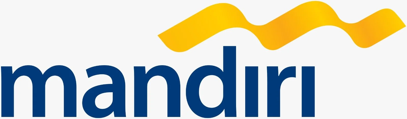 Logo with the word 'mandiri' in blue letters and a yellow wave above the text.