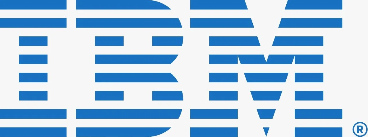 Close-up of blue IBM logo with horizontal lines on a white background.