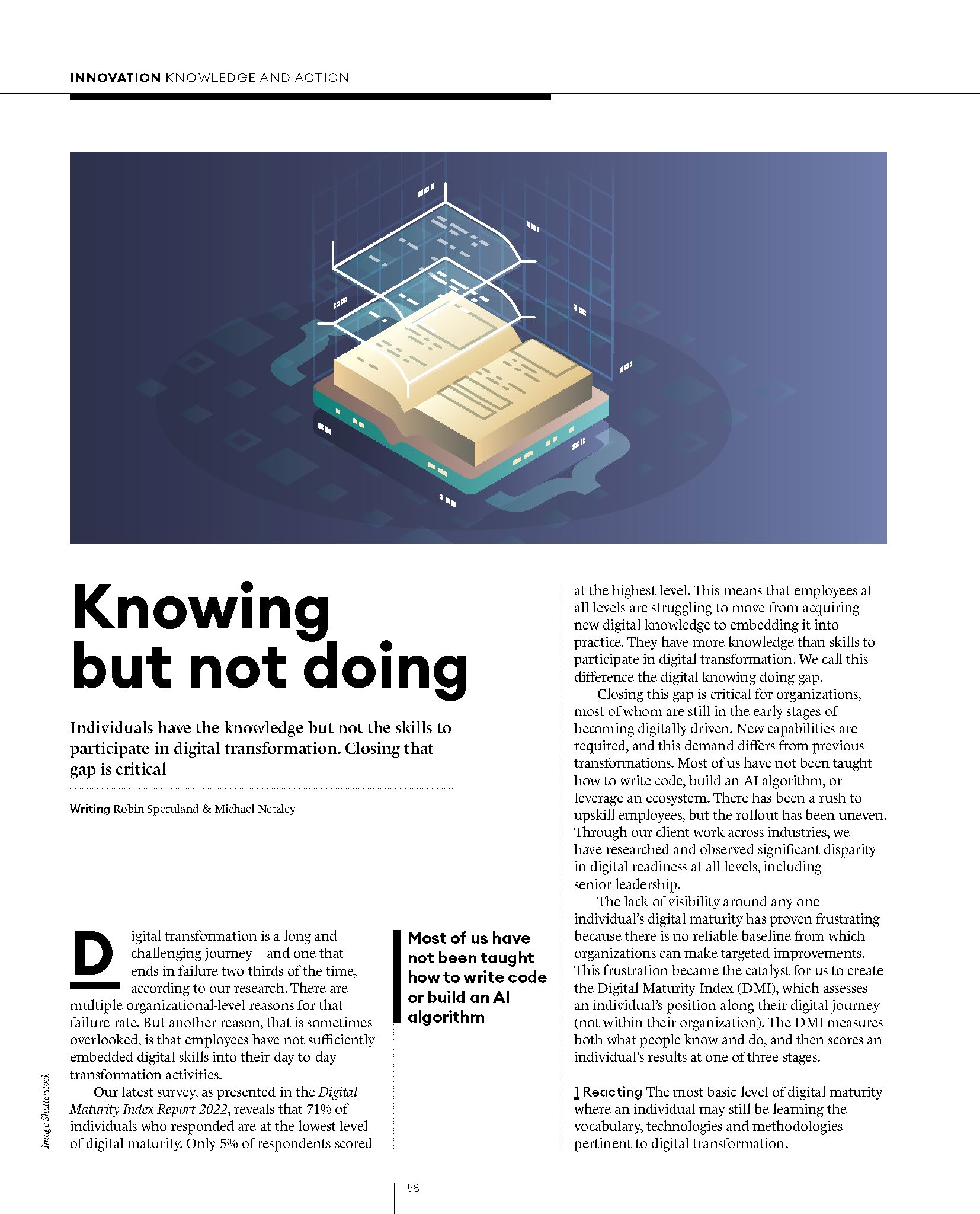 Page layout with a digital illustration of a microchip with integrated circuit lines at the top and the article titled "Knowing but not doing" about digital transformation and skills for digital literacy.