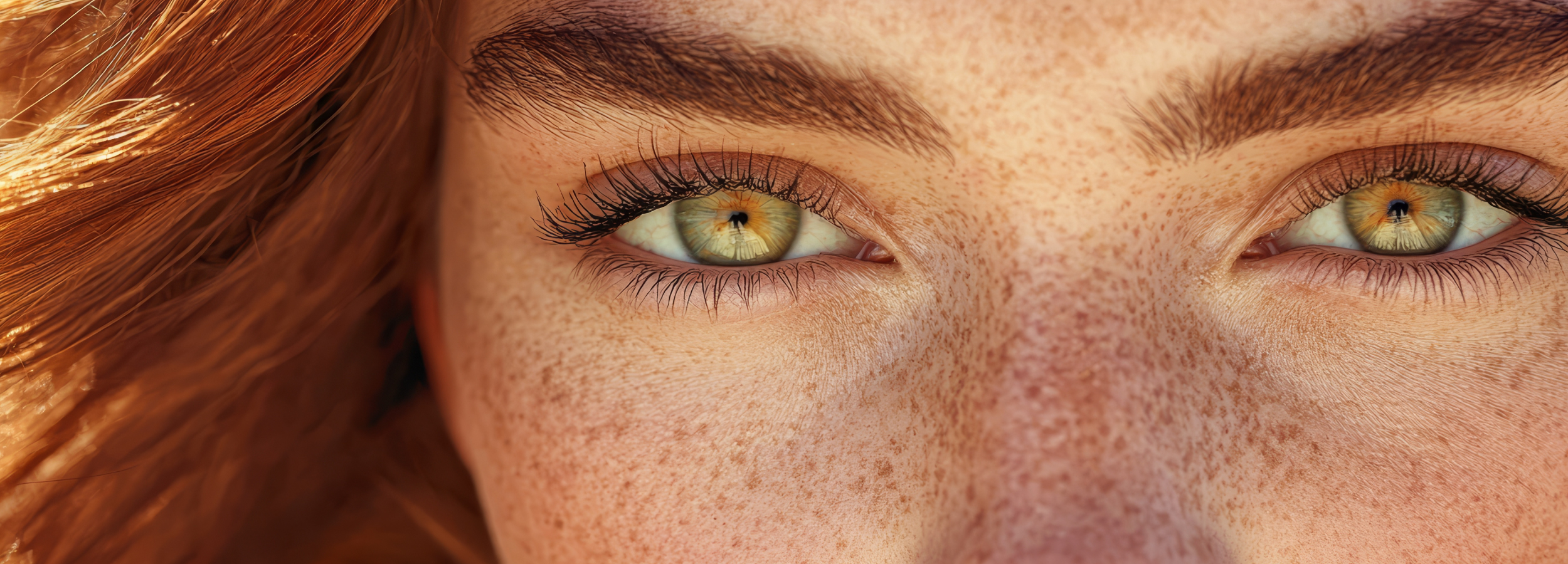 Close-up of a person's face focusing on their green eyes, with visible freckles, red hair on the left side, and long eyelashes.