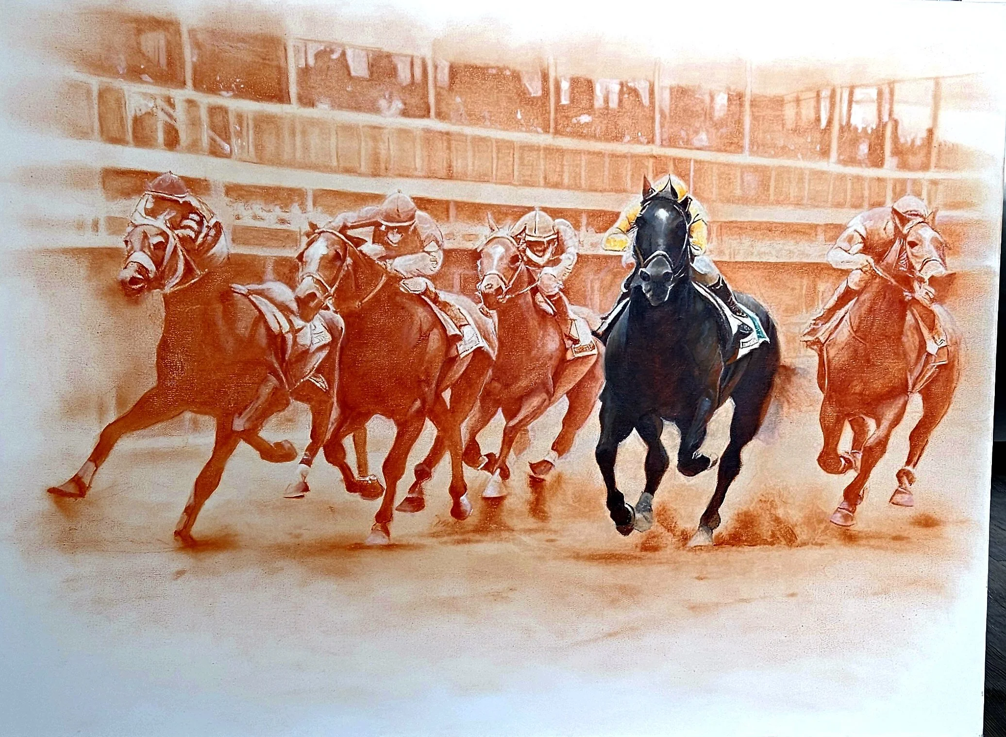 Painting of six racehorses and jockeys, with one black horse and jockey in the center, racing on a track with a brick wall in the background.