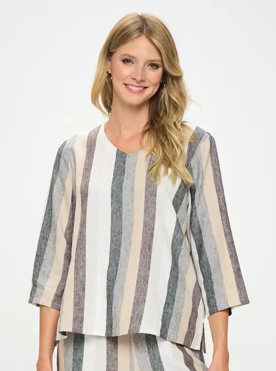 3/4 Sleeve Striped Linen Top
