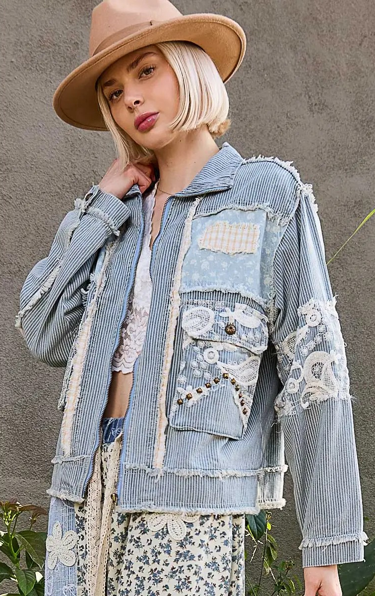 Striped Patch Jean Jacket