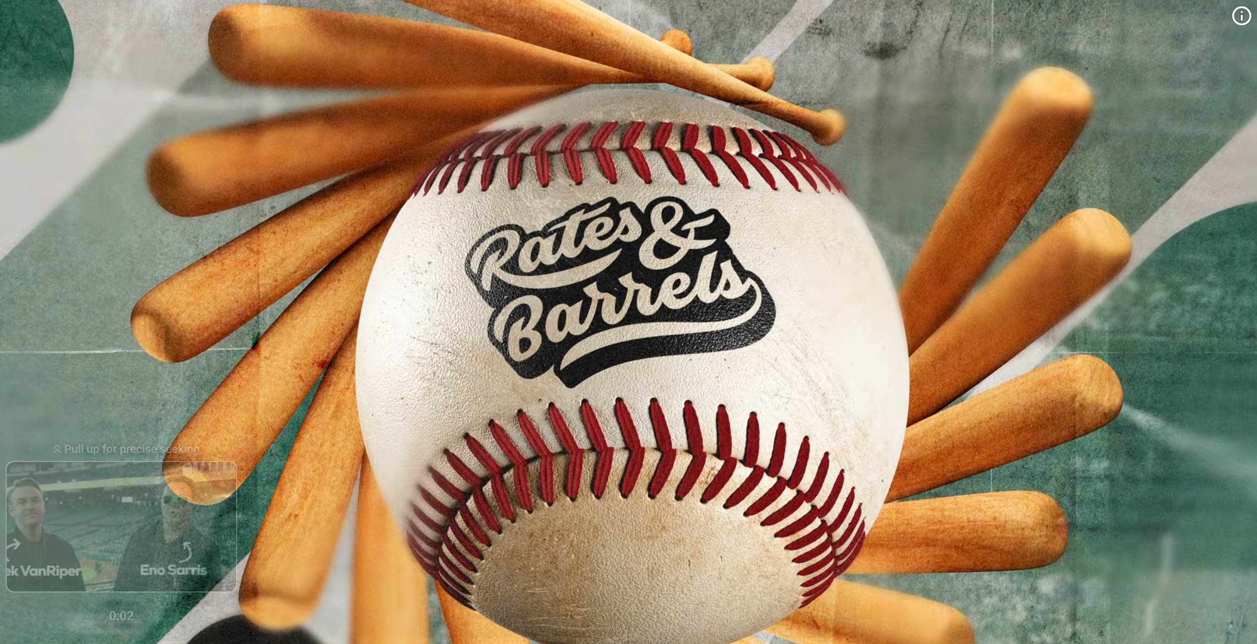 A baseball with red stitching and the logo 'Rates & Barrels' on it, surrounded by several wooden baseball bats on a green baseball diamond surface.