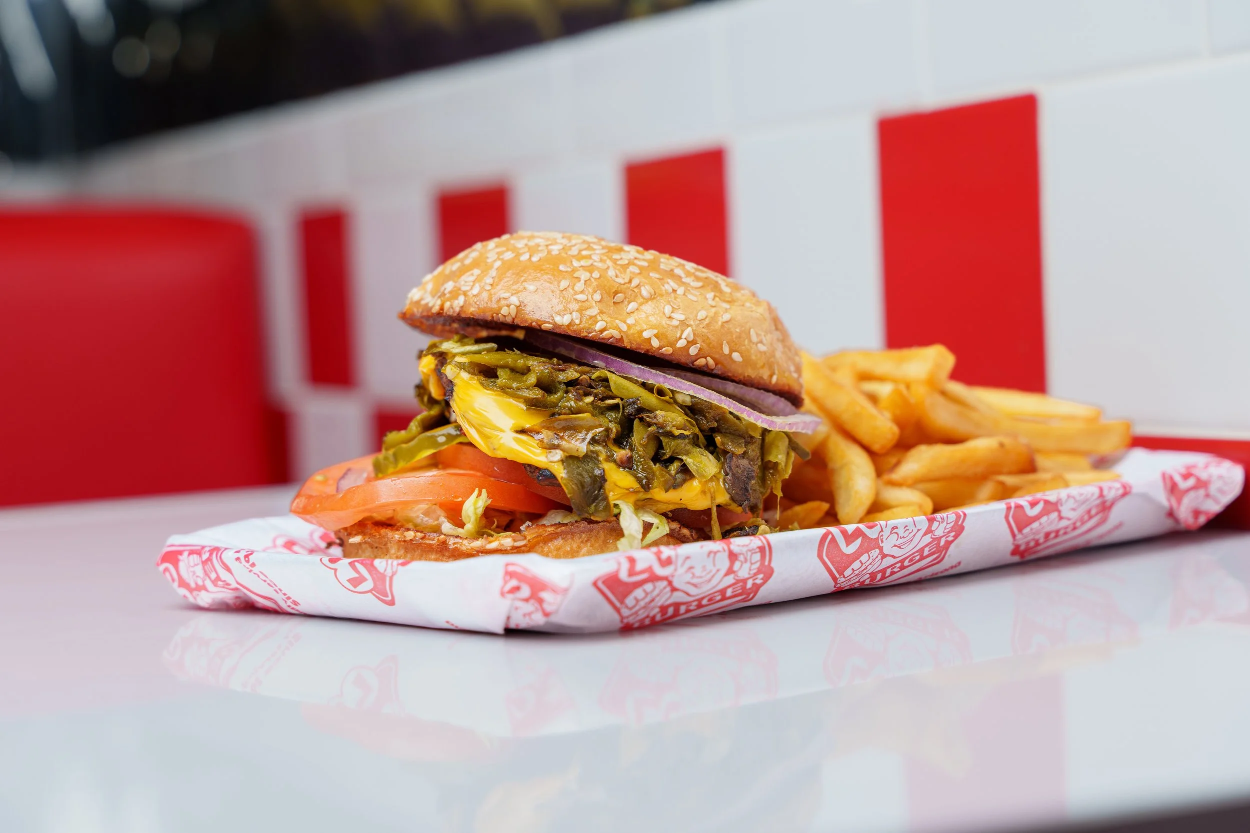 Green chile cheeseburger and fries photographed at Lenny's Burger in Phoenix Arizona