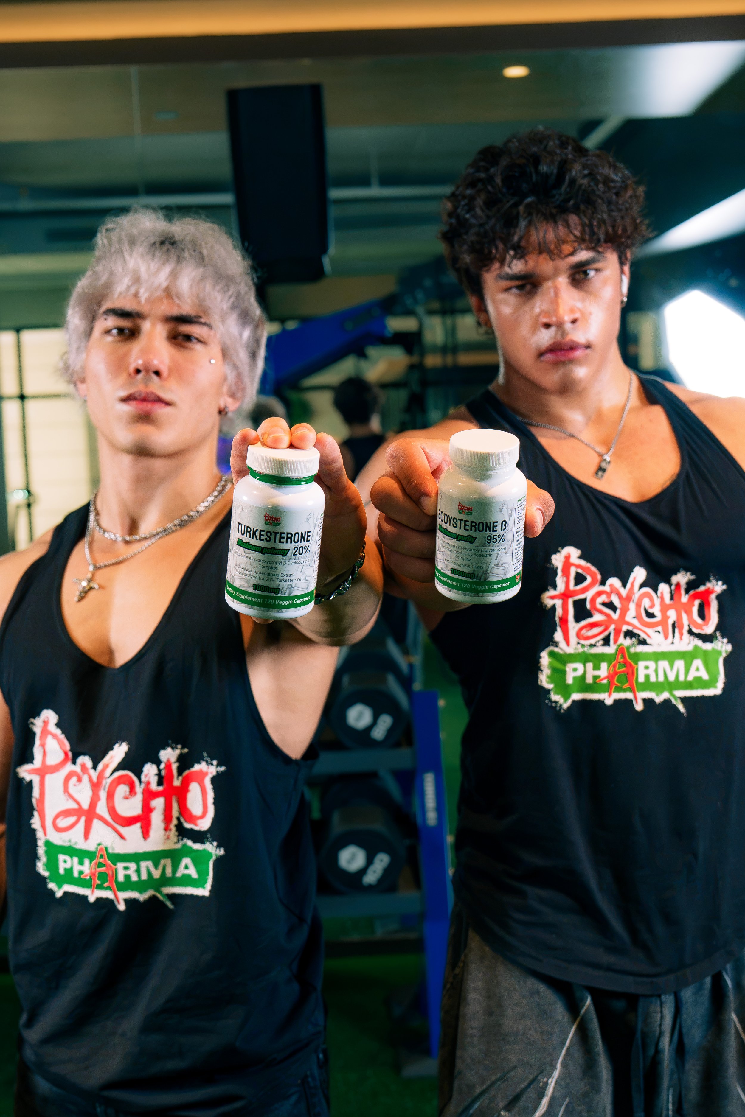 Psycho Pharma athletes holding fitness supplements during a commercial brand photoshoot in Phoenix, Arizona
