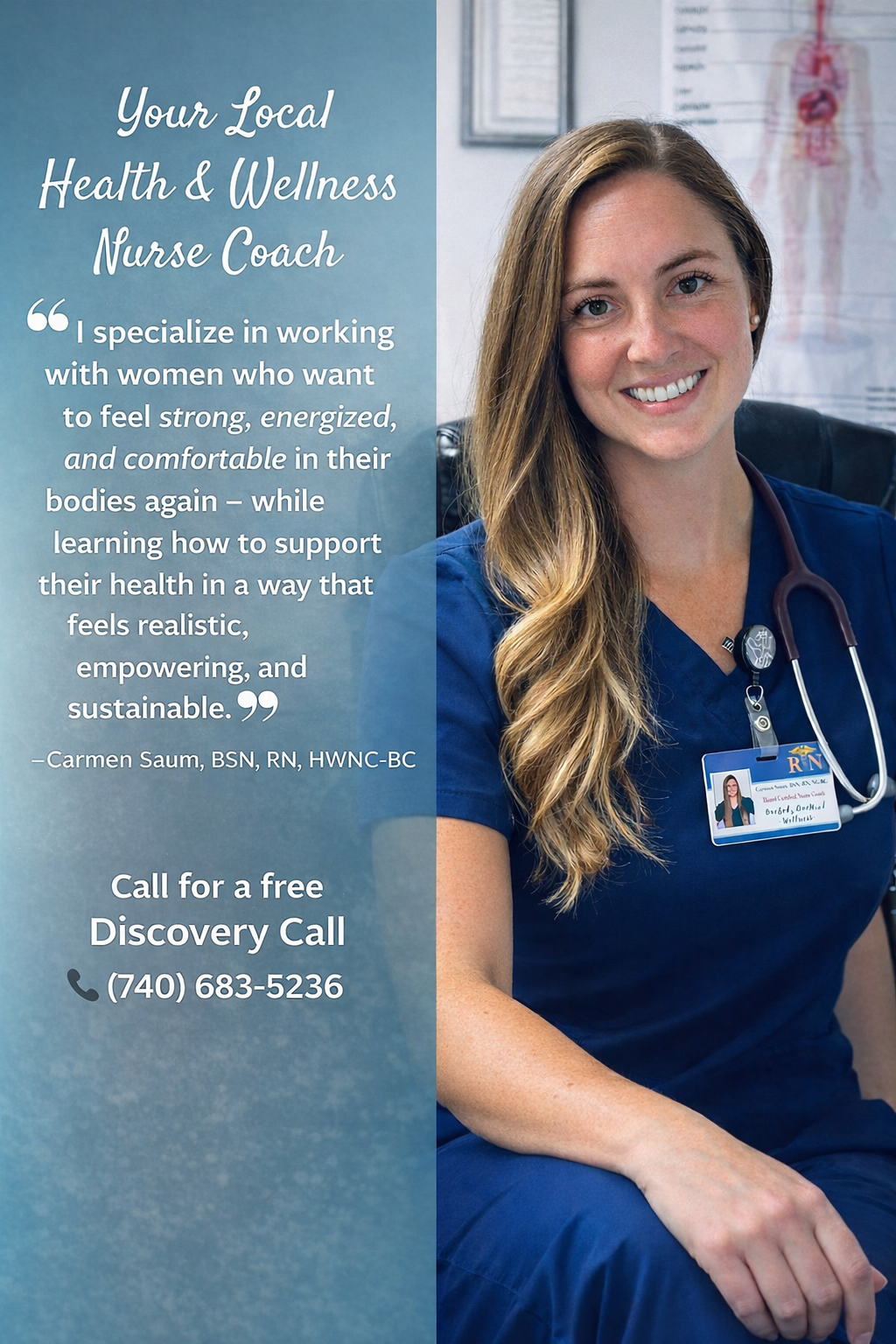 A smiling young woman in a navy blue nurse uniform with a stethoscope around her neck standing outdoors in a field of tall, dry grass. Overlay text on the left side describes her role as a nurse coach helping mothers with self-care.