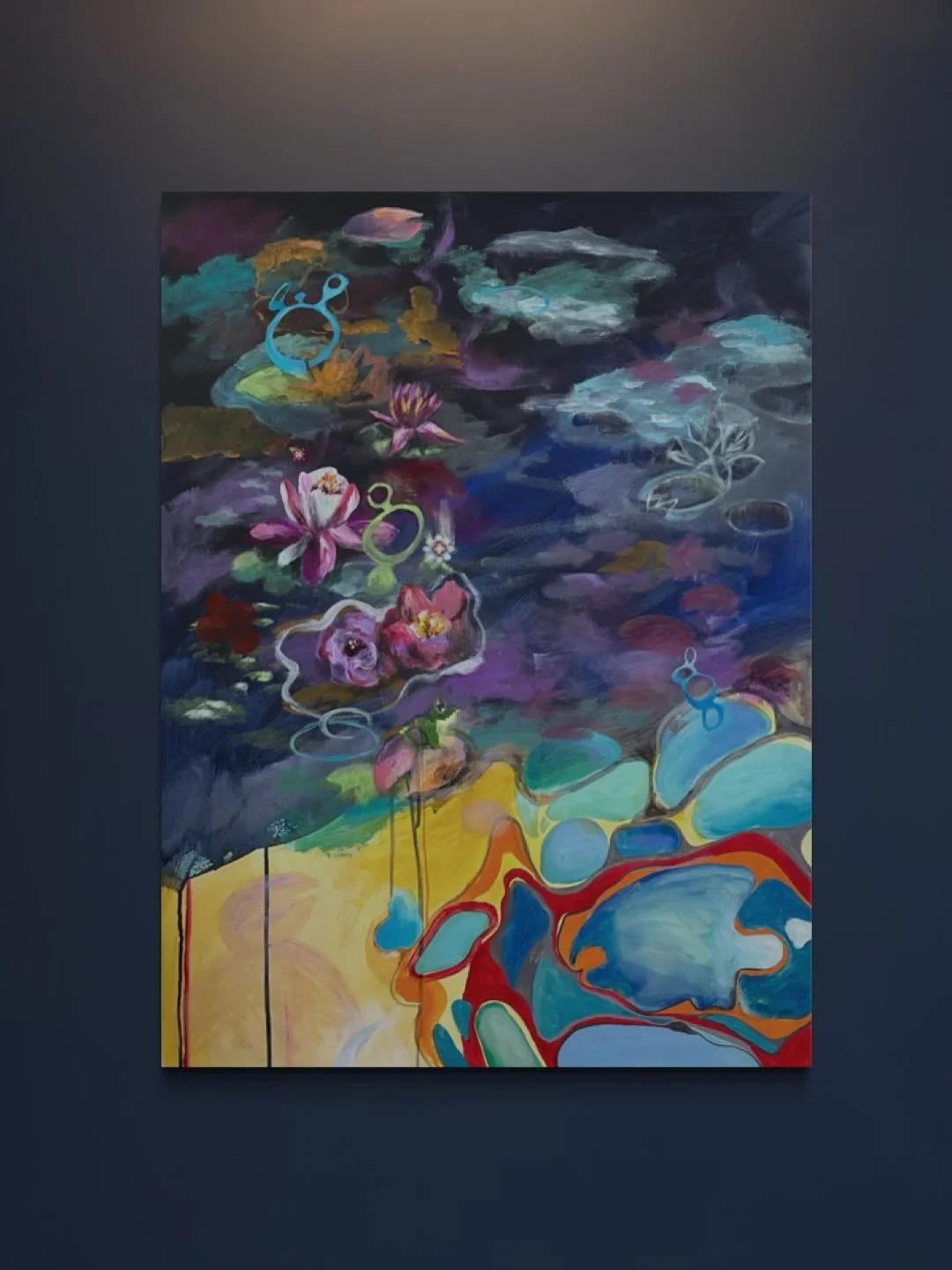 This piece is titled Immersed. And this post shows the final painting in various settings along with in-process shots. It&rsquo;s my most recent finished piece! Let me know what you think: too colorful, too abstract, are you tired of lily pads, or do