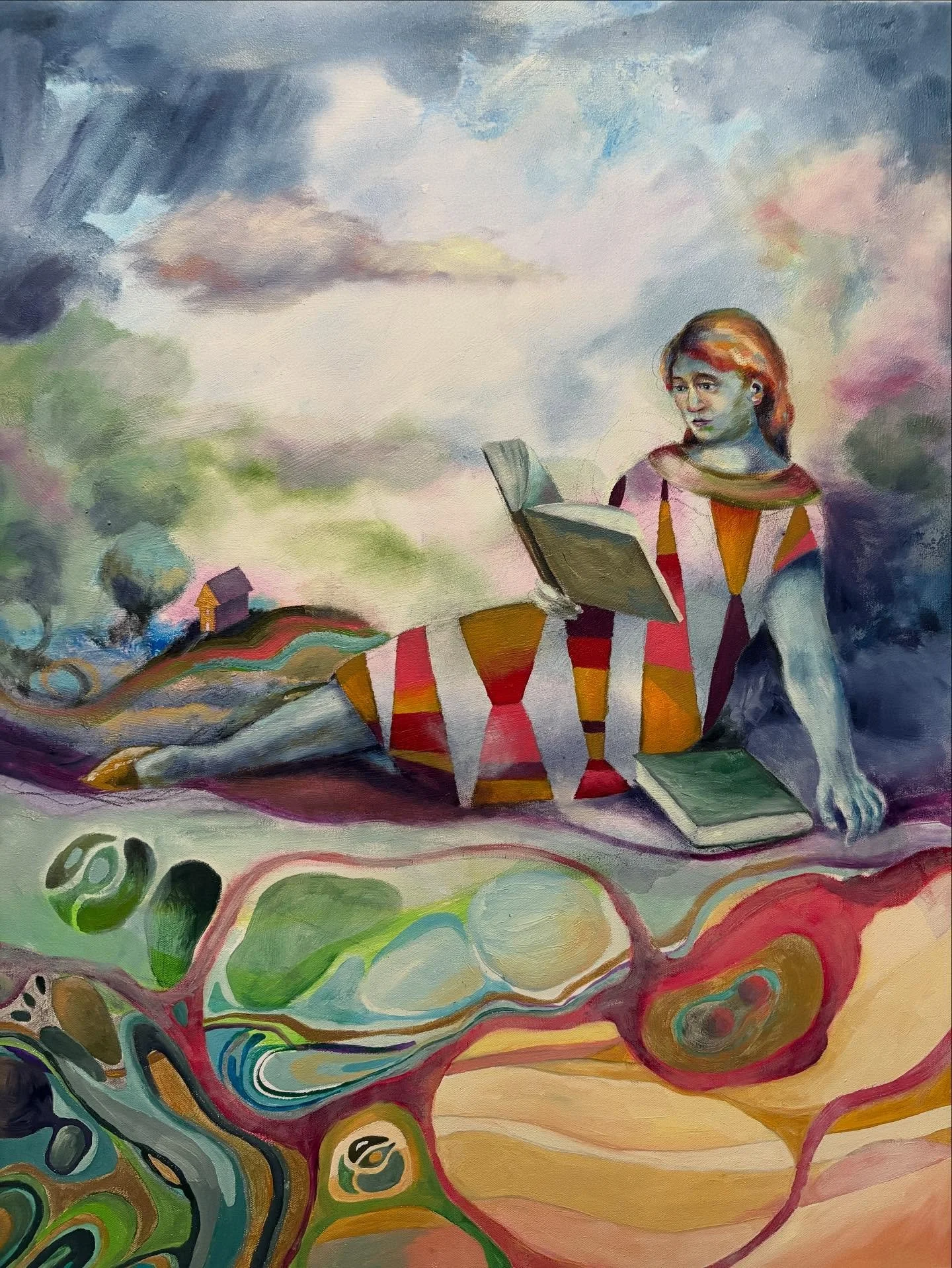This is my latest painting. I just finished it this morning. (Now to clean those brushes 😊😩) It&rsquo;s titled Passages. I based the figure on an old photo (the last slide). The swirling shapes are taken from papers I marbled years ago, similar to 