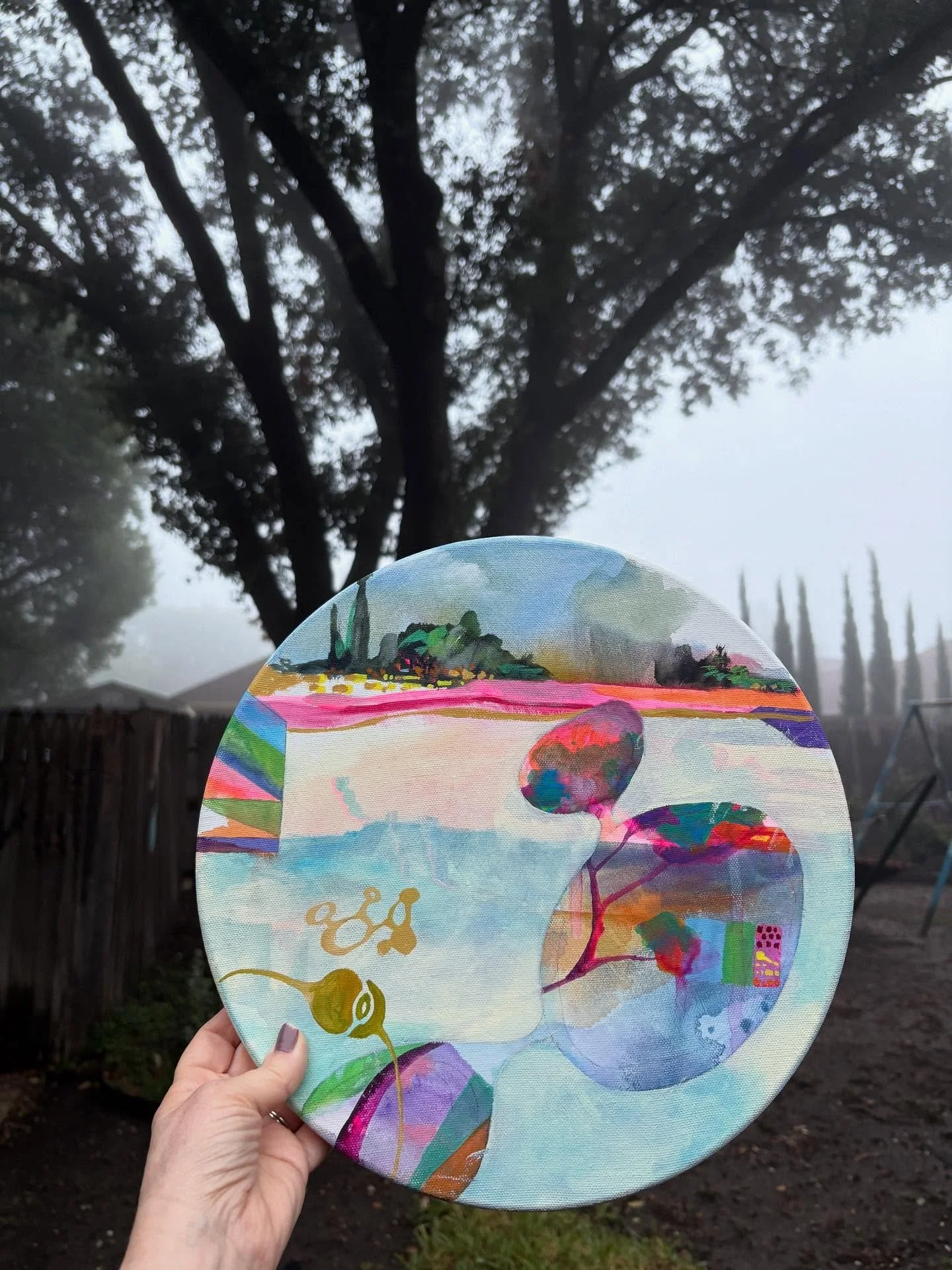 I couldn&rsquo;t resist getting outside early with this beautiful mist to take a few photos of some paintings. I love round canvases. They&rsquo;re like portholes into another world. Sections of this piece are based on photos I&rsquo;ve taken of the 
