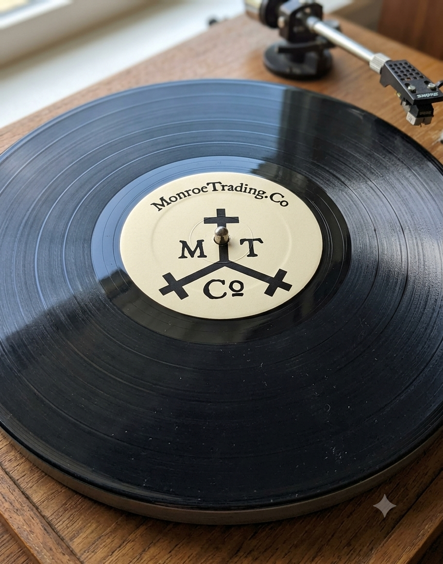 Vintage vinyl record with the Monroe Trading Co label on a wood surface